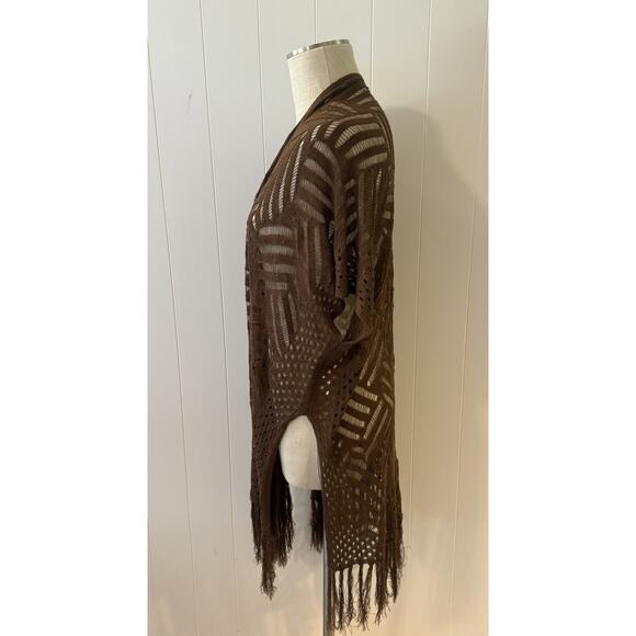 Brown Open Knit Crochet Fringe Kimono Cardigan One Size - Picture 4 of 8